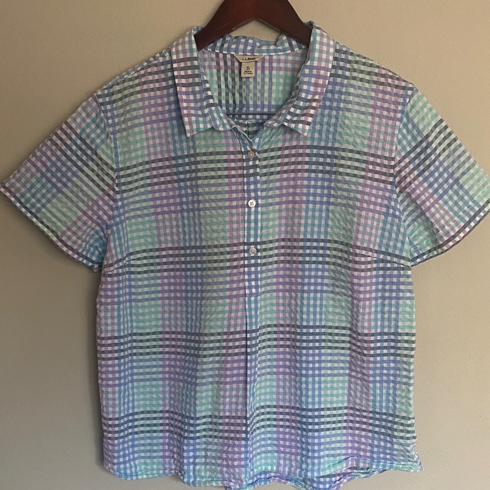 L.L.Bean Vacationland Seersucker Short Sleeve Popover Pastel Plaid Blouse. XLPET